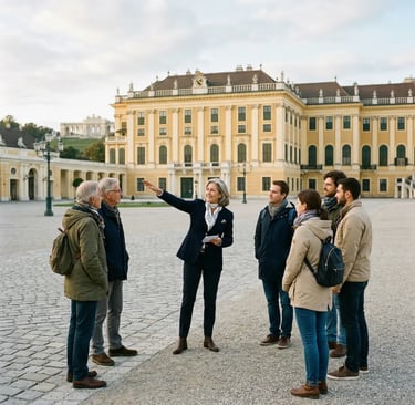 Female tour guide pointing at Schönbrunn Palace with small group of travelers