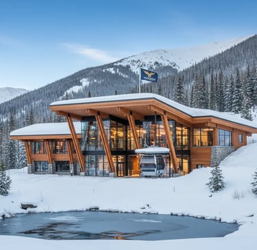 A modern wooden ski resort building with large glass windows at dusk, surrounded by snow and pine tr
