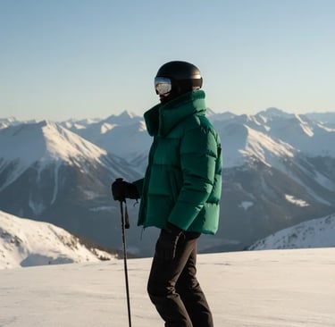 Side profile of a skier holding poles, wearing a forest green winter jacket overlooking the mountain