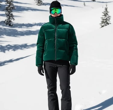 A bold statement maker ski look featuring an emerald green velvet-textured puffer jacket, black snow