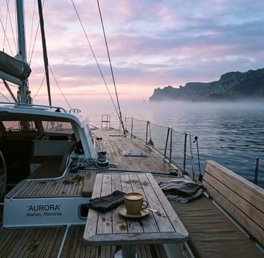Morning coffee on teak catamaran deck at dawn with misty Menorca cliffs