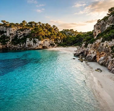 Empty white sand beach surrounded by cliffs in secluded Menorca cove