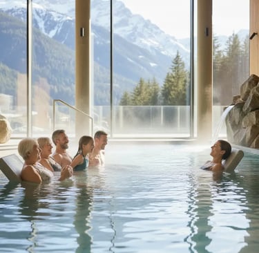 Guests relaxing in a thermal indoor pool with large glass walls overlooking the snowy Alps at this l