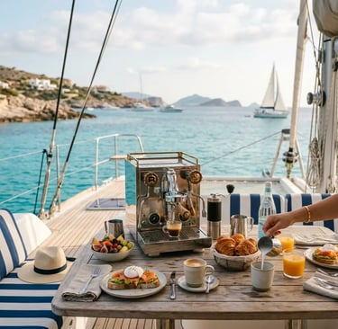 Fresh breakfast and espresso machine on catamaran deck in Menorca turquoise bay