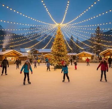 Outdoor ice-skating rink in La Plagne illuminated with warm evening lights and winter atmosphere