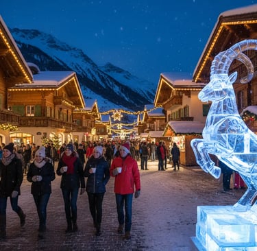  Cozy Alpine village street with lights and snow-covered roofs.