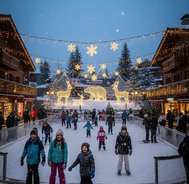 A crowded outdoor ice skating rink at night decorated with festive golden reindeer and snowflake lig