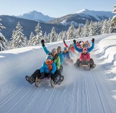 A group of people having fun sledding down a snowy hill with mountains and pine trees in the backgro