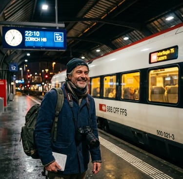 Smiling traveler with camera and backpack on Zurich HB night platform, clock showing 22:10