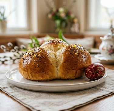Traditional Viennese Osterpinze Easter bread with anise and lemon zest served with hand-painted Easter egg