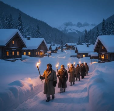 A group of people in winter coats walking through a snowy alpine village at dusk, carrying glowing t