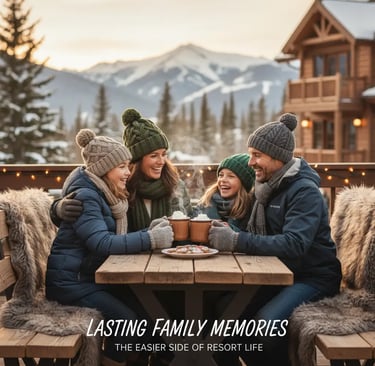 Family creating lasting memories at a winter resort with a mountain cabin in the background.