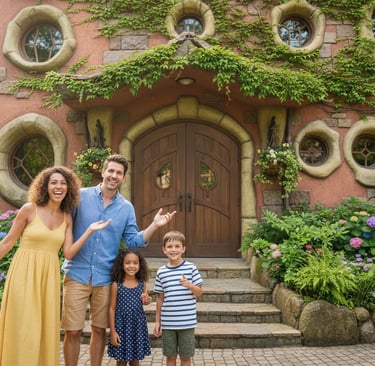Family tourists visiting the whimsical Ghibli Museum entrance.