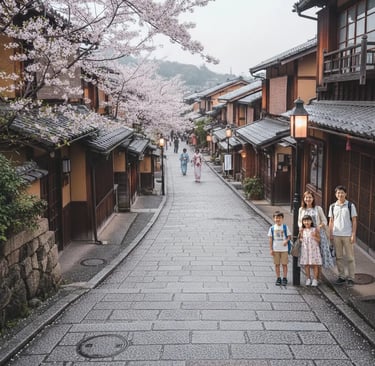 Family walking in historic Kyoto district during cherry blossom season.
