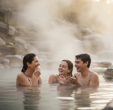 A group of three friends laughing and relaxing in a steaming outdoor hot spring during winter.