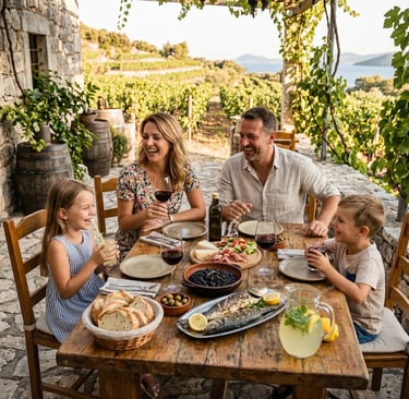 Family enjoying Dalmatian lunch with wine and lemonade at Pelješac vineyard konoba, Croatia