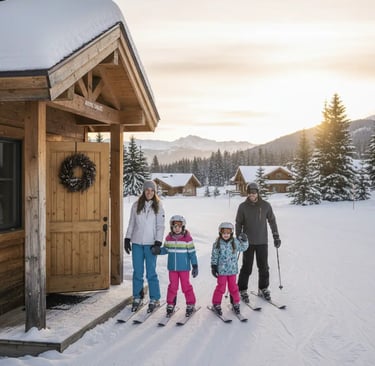 A family of four with two young children on skis standing in front of a cozy wooden mountain chalet 