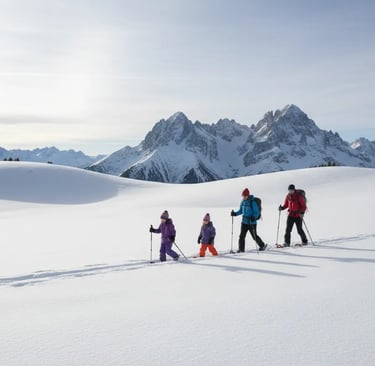 Family snowshoeing together on a quiet winter trail.