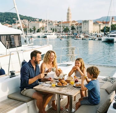 Family enjoying croissants and coffee on catamaran deck in Split harbor morning