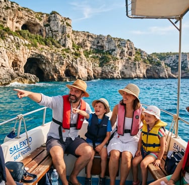 Happy family with two children wearing life jackets on Salento Sea Tours boat near limestone cliffs
