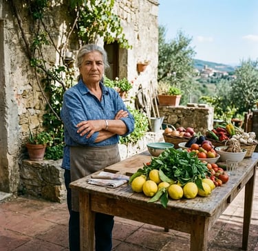 Farmhouse matriarch standing beside table of fresh organic lemons and vegetables in Agerola