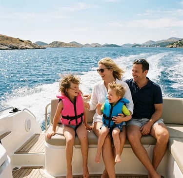Family with kids laughing on a private speedboat tour near Split Croatia islands