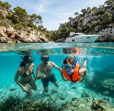 Family snorkeling in crystal clear water near private yacht in Menorca cove