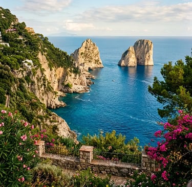 Faraglioni rock stacks seen from Gardens of Augustus, Capri, with bougainvillea and blue sea