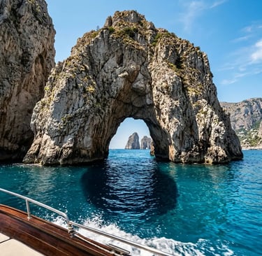 Faraglioni rock arch in Capri seen from a private boat on turquoise Mediterranean water