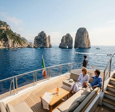 Guests on yacht aft deck viewing Faraglioni rock formations off Capri with Italian flag
