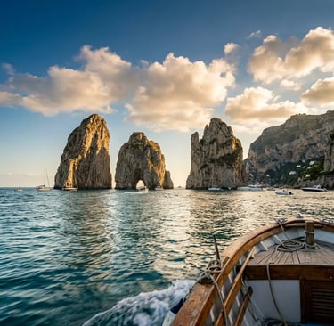 Faraglioni rock formations seen from traditional Gozzo boat deck at golden hour