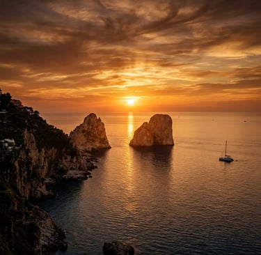 Dramatic sunset over Faraglioni rocks in Capri with catamaran silhouette on calm sea