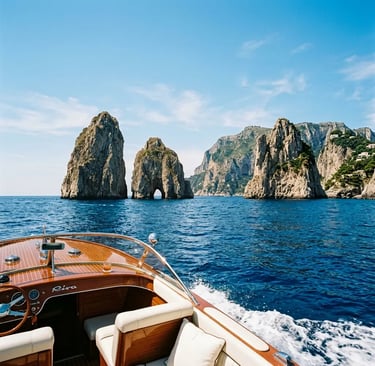 Private wooden boat approaching Faraglioni rocks off Capri coast on a clear summer day