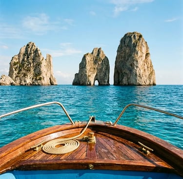 Faraglioni Rocks of Capri seen from the wooden bow of a private gozzo on turquoise Tyrrhenian Sea