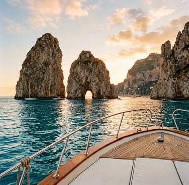 Faraglioni rocks and natural sea arch viewed from luxury boat deck at sunset, Capri Italy