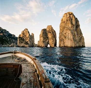 Faraglioni rocks of Capri viewed from the deck of a Sorrento boat at golden hour