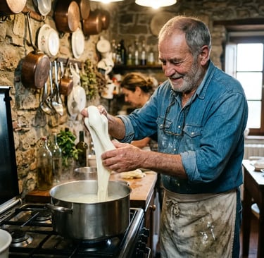 Italian farmer stretching fresh mozzarella by hand in rustic stone farmhouse kitchen