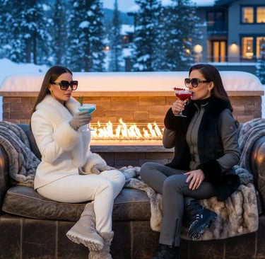 Two women in stylish winter attire enjoying colorful cocktails while sitting on an outdoor lounge ne