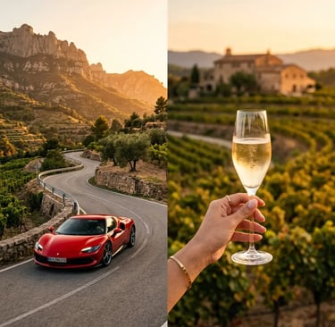 Red Ferrari on Catalan mountain road and hand holding cava glass over El Penedes vineyard