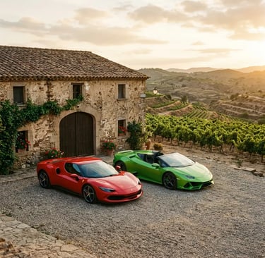 Ferrari 296 GTB and Lamborghini Huracan EVO Spyder parked at a Catalan winery