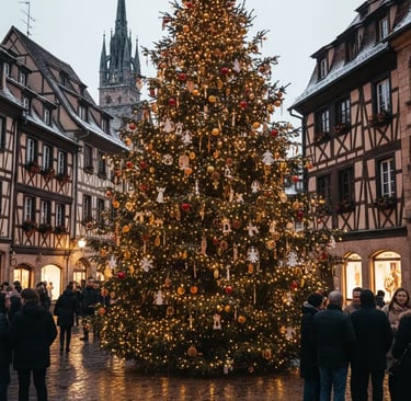 Giant illuminated Christmas tree in Colmar’s old town square surrounded by medieval timber-frame bui