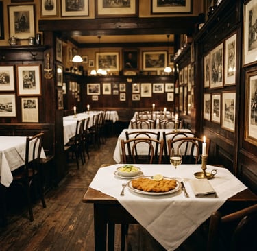 Candlelit Figlmüller dining room, dark wood walls, framed prints, schnitzel on white linen