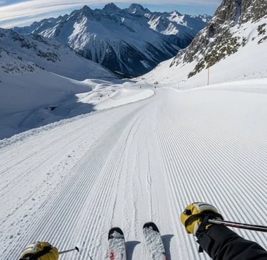 Skier’s perspective showing fresh first tracks on a groomed slope in Val d’Isère.