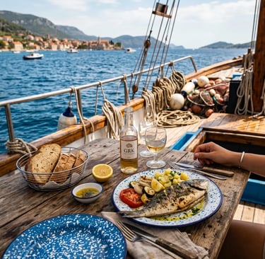 Grilled fish with vegetables, bread and local white wine on wooden deck, Croatian coast behind