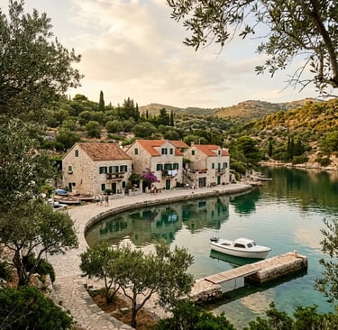 Stone houses with green shutters along Maslinica harbor on Šolta island Croatia