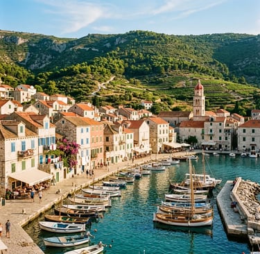 Colorful harbor of Komiža fishing village on Vis island with traditional boats, Croatia