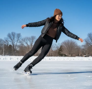 Aesthetic "Clean Girl" skating outfit with a cream puffer jacket and white figure skates on a natura