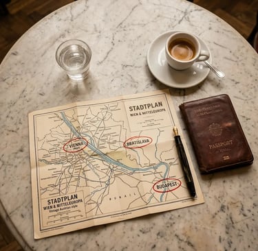 Vintage map with Vienna Bratislava Budapest circled, espresso and passport on marble table