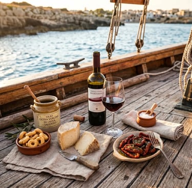 Negroamaro wine, Cacioricotta, taralli and sun-dried tomatoes on rustic boat deck