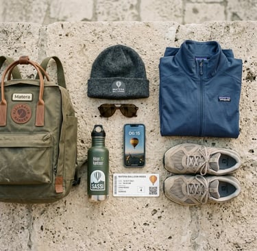 Flat lay of Matera balloon tour essentials: backpack, jacket, beanie, sneakers, water bottle, ticket.